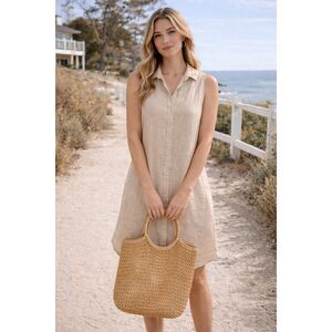 CP Shades Mara 100% Linen Sleeveless Shirt Dress XS Beige Made in USA